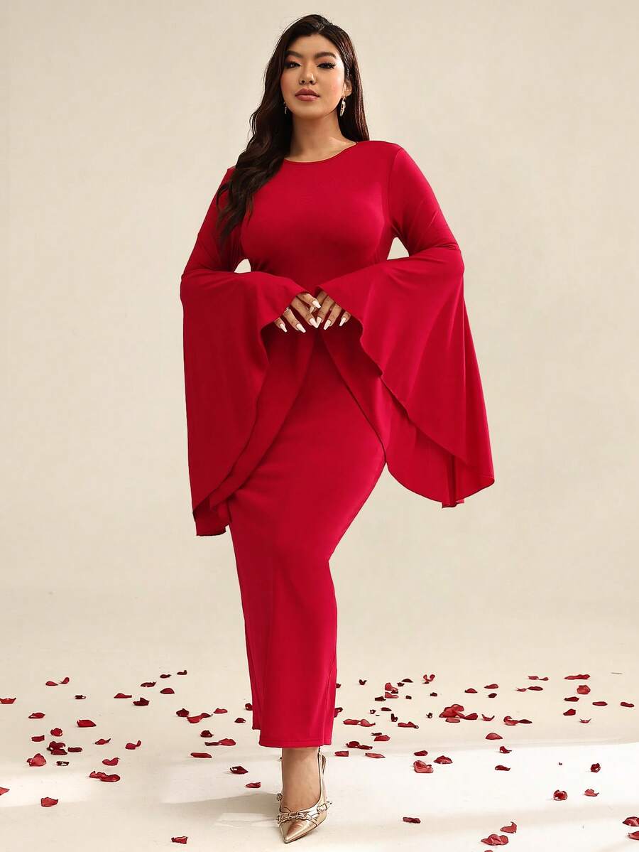 Auralis Đầm dài tay dáng ôm, cổ tròn, tay bồng rộng, co giãn, dành cho nữ, thích hợp cho mùa xuân, hè, thu, đông, thanh lịch, thường ngày, kiểu dáng mới, phù hợp cho kỳ nghỉ. - Đỏ - Xem 1