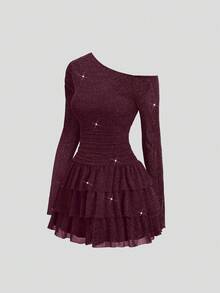 SHEIN Sweetro Elegant festklänning med sexig asymmetrisk axel och glittertyg, moderiktig, volangkant och långärmad, höst/vinter, festklänning - Bourgogne - Visa 1