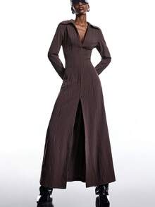 LYSMO Đầm dài tay nữ kẻ sọc, cài khuy nửa thân, kiểu dáng thường ngày. - màu nâu - Xem 3