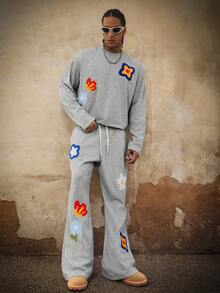 PAVTROS Men's Embroidered Crew Neck Long Sleeve T-Shirt And Drawstring Waist Pants Set Sweatpants Patched Men 2 Piece Set Patched Mens Two Piece Outfit Sweatpants Mens Street Wear Sets Y2k Tracksuit Men Streetwear Old Money - Grey - View 5