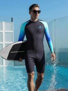 Zalmeno 男士撞色拉链长袖连体泳衣 长袖泳衣 男士泳装 男士泳裤 带压缩功能的潜水服 男士冲浪泳衣 泳池服 男士游泳套装 - 黑色 - 查看 5