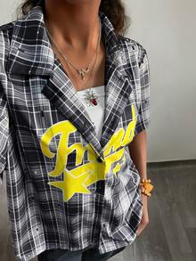 StreetHx Women's Fashionable Multi-Color Plaid Print Short Sleeve Shirt - Black - View 6