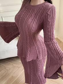 Modelyn Conjunto de 2 piezas de suéter de manga de campana de unicolor casual y falda de punto para mujer, otoño/invierno - Rosa - Ver 4