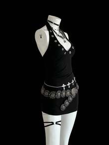 EgrlEra Metal Studded Deep V-Neck Sleeveless Mini Dress For Women - Black - View 4