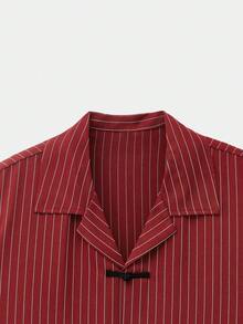 SWAVVY Men's Chinese Style Striped Button-Down Short Sleeve Shirt, Spring/Summer Couple Outfits Sets Red Striped Chinese Shirt