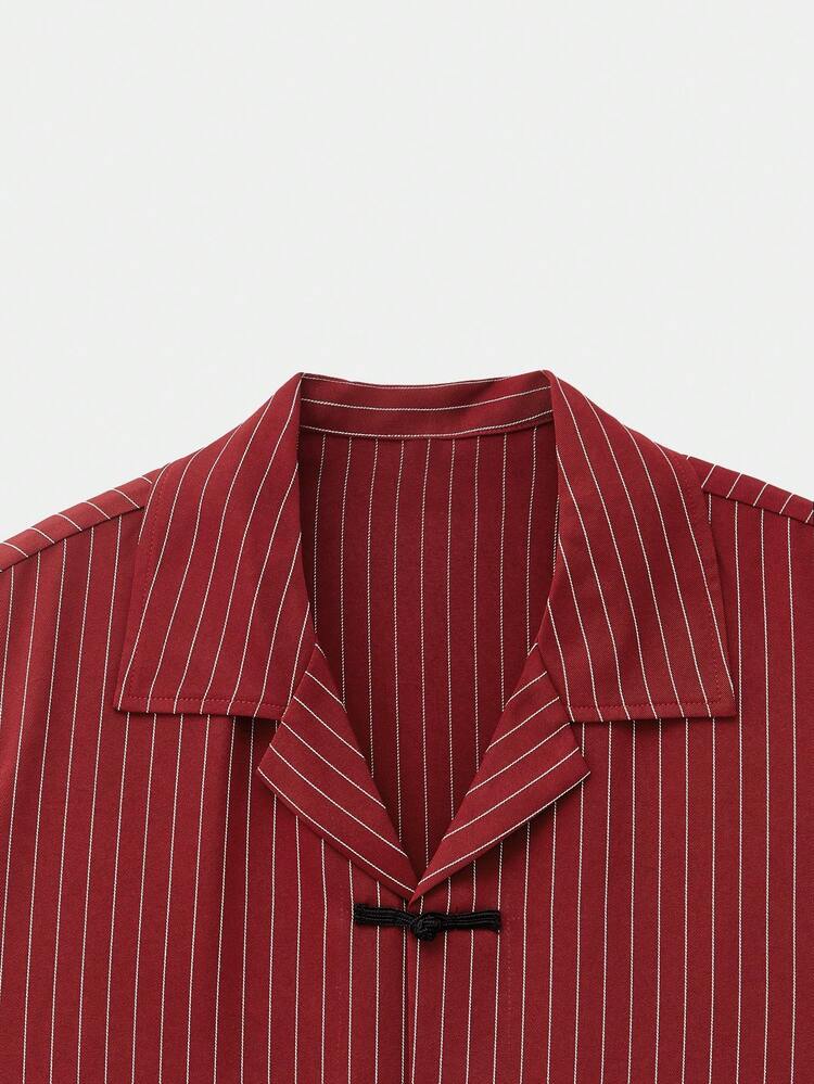 SWAVVY Men's Chinese Style Striped Button-Down Short Sleeve Shirt, Spring/Summer Couple Outfits Sets Red Striped Chinese Shirt - Red - View 5