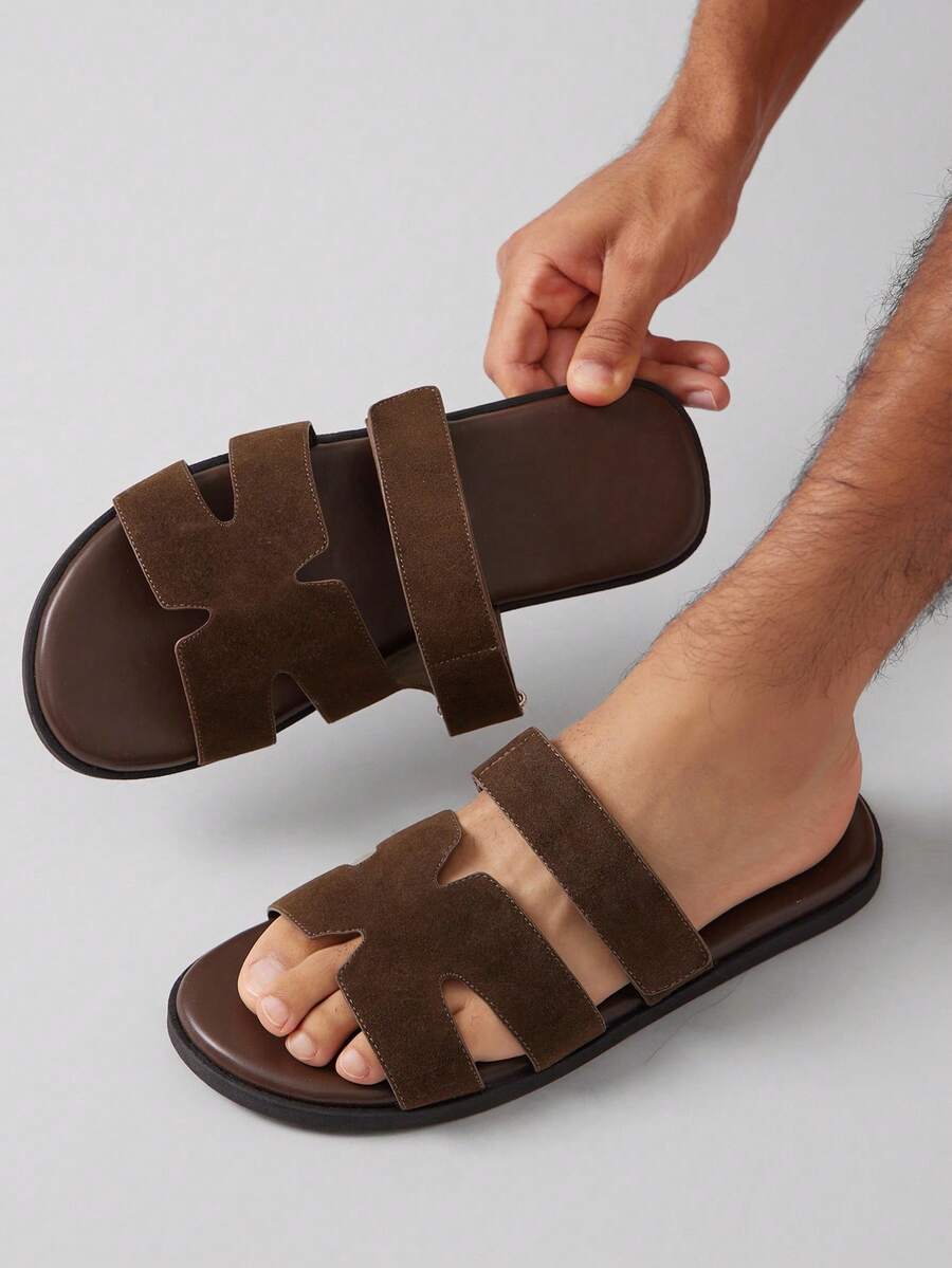 SHUZIA 奢华设计男士优质绒面咖啡色 H 型镂空可调节系带拖鞋 - 奢华舒适街头服饰，游艇俱乐部必备