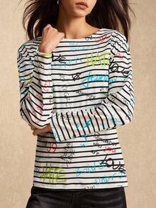 Easelle 女士字母条纹印花圆领休闲宽松长袖T恤 - 彩色 - 查看 4
