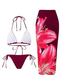 Swim Oasis 2025休闲度假吊带三角上衣、侧系带三角泳裤和长网纱裙女士三件套泳衣比基尼套装 - 彩色 - 查看 2