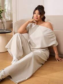 SHEIN EZwear 大码女式蝙蝠袖船领上衣和阔腿裤休闲两件套，春夏款 - 杏色 - 查看 6