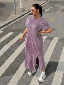 Muchica 大码宽松长款雪花印花T恤裙 - 紫色 - 查看 4