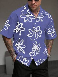 Manfinity Homme Men's Casual Button-Down Short Sleeve Printed Shirt - Blue - View 5