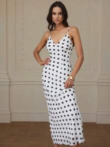 Revavyn 优雅波点雪纺深V领无袖连衣裙，适合工作和日常穿着。 - 黑與白 - 查看 5