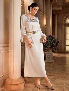 Al Najma Women's Rhinestone Decor Tassel Tie Neck Long Sleeve Elegant Arabic Style Dress - Apricot - View 6