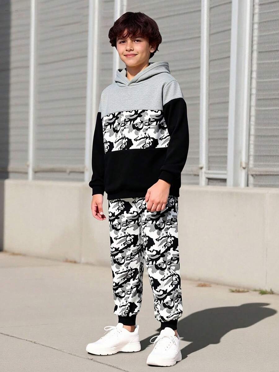SHEIN Vacaura 男童服装连帽运动服上衣和裤子,迷彩撞色 - 男童秋冬服装 - 男童服装套装适合8-12岁 - 黑色 - 查看 1