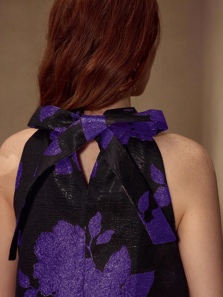 FLORAL JACQUARD HALTER TIE BACK SHORT DRESS