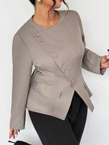 Firerie 女士优雅通勤日常百搭街头时尚新款不对称翻领纽扣腰长袖卡其灰色西装外套 - 卡其色 - 查看 5