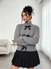 Elenzga Sweater Leher Bulat Wanita Ukuran Besar dengan Hiasan Pita - Grey - View 7