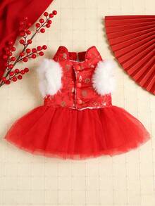 PETSIN 1件猫/狗服装，秋冬加厚红色节日新年服装，宠物公主风连衣裙