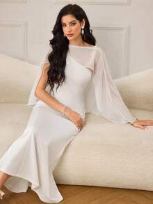 Modelyn Vestido largo ajustado de mujer con patchwork de gasa francesa - Blanco - Ver 4