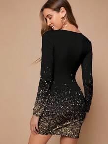 SHEIN BAE Casual Minimalist Style Faux Rhinestone Gold Tassel Placement Print Pattern Women Short Dress, Suitable For Autumn/Winter Party Spring