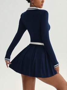 Dewbera Women's Striped Collared Long Sleeve Yoga Activewear Dress With Shorts - Navy Blue - View 2