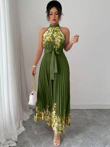 Elenzga Women's Summer Elegant Floral Loose-Fitting Halter Dress - Army Green - View 3