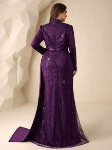 Coutiva Plus Size Elegant Long Sleeve Embroidered Patchwork Satin Hem Mermaid Skirt With Side Draping Design Suitable For Wedding Mother Of The Bride Evening Dress, Wedding Guest Dress, Formal Dinner Dress Valentines Dress Elegant Dress Sequin Dress Floral Dress - Purple - View 3