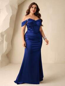 Coutiva 大码女士露肩亮片高端晚礼服，优雅奢华派对礼服 - 寶藍色 - 查看 7