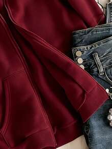 Tween Girl Casual Versatile Hooded Zip-Up Sweatshirt, With Pink Bow Embroidery On Front, Two Pockets On Sides, Suitable For School, Commuting, Walking, Matching With Sweatpants, Long Sleeves, Sweaters Zipper Maroon Hoodie Red - Burgundy - View 3