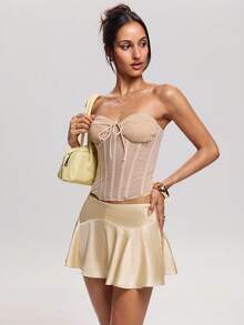SHEIN BAE Women's Champagne Gold Satin Low-Waist Mini Skirt,Autumn Ruffled Hem Elegant Fashion Skirts (Includes Lining),Seksi Chic Night Out Party Streetwear - Champagne - View 6