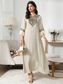 Yasmyna Women's Ribbon Trim V-Neck Fringe Flare Sleeve Arabic Style Dress Kaftan Jalabiya Dress - Khaki - View 3