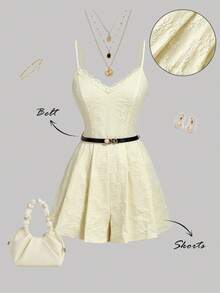 SHEIN MOD Eleganter Vintage-Jumpsuit für Damen mit Spitzenbesatz, Sommer-Party-Outfit, modisch in Creme und Buttergelb für Urlaub und Feiertage, Neujahrs-Outfit - Gänsegelb - Übersicht 1