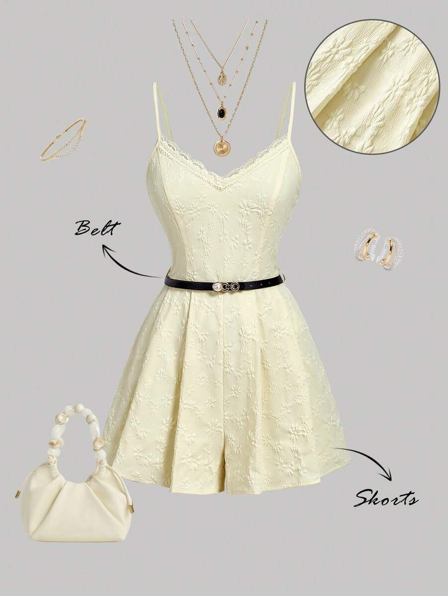 SHEIN MOD Eleganter Vintage-Jumpsuit für Damen mit Spitzenbesatz, Sommer-Party-Outfit, modisch in Creme und Buttergelb für Urlaub und Feiertage, Neujahrs-Outfit - Gänsegelb - Übersicht 1