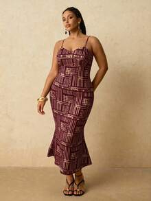 Travachic Conjunto de 2 piezas de vestido de punto con camisola y chal de malla con patrón geométrico africano para mujer de talla grande - Burdeos - Ver 5