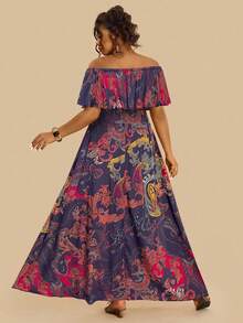 Travachic Gaun Maxi Ukuran Plus Motif Paisley Bohemian dengan Bahu Terbuka dan Hem Berkerut, Gaun Bunga Biru Tua untuk Wanita, Gaun Liburan Musim Panas Gaya Boho untuk Tamu Pernikahan - MultiWarna - View 2