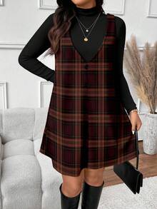 SHEIN Frenchy 复古格纹印花加大码两件套，适合秋冬季穿着 - 彩色 - 查看 5