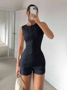 Siren Gaze Women's Casual Solid Color Sleeveless Jumpsuit, Suitable For Commuting, Summer - Navy Blue - View 5