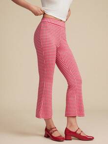 WESTFADE 刺绣镂空格纹修身喇叭七分弹力裤 - 紅白色 - 查看 5