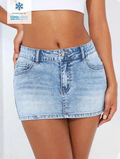 Rivivi Solid Color Low Waist Slim Fit Light Blue Minimalist Summer Mini Skirt