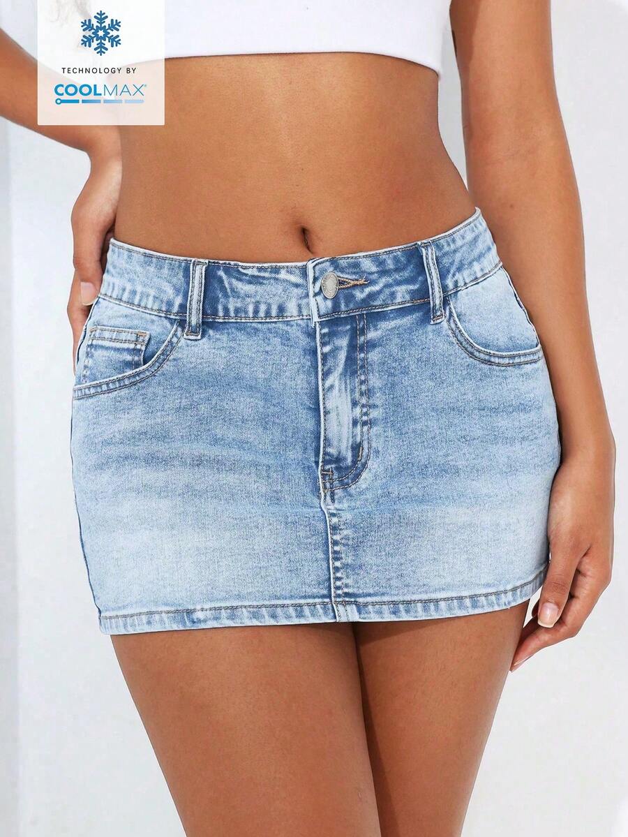 SHEIN EZwear Solid Color Low Waist Slim Fit Light Blue Minimalist Summer Mini Skirt - Light Wash - View 1
