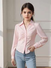 SHEIN قميص بأكمام طويلة مطوي الياقة مناسب للفتيات المراهقات، بأسلوب كاجوال وأنيق، مزين بأزرار أمامية، مناسب للعودة إلى المدرسة والمنزل والخروجات والحفلات وأكثر - وردي فاتح - مشاهدة 1