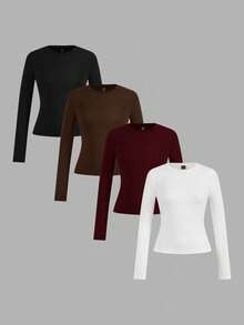 SHEIN EZwear 4件套女士休闲紧身圆领长袖T恤套装 - 彩色 - 查看 3