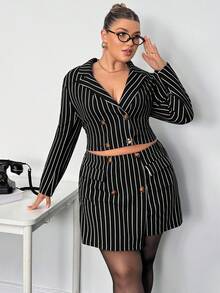 Truni 大码条纹印花双排扣长袖上衣和半裙两件套/秋冬 - 黑色 - 查看 5