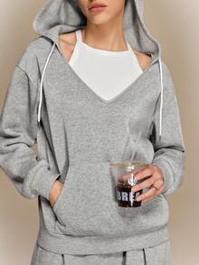 Qadelle Sweatshirt Wanita Lengan Panjang Model Bahu Longgar Warna Polos dengan Saku dan Tali Serut - Grey - View 6