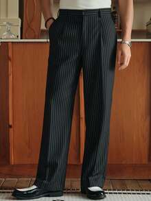 SWAVVY Men's Business Casual Striped Print Pleated Wide Leg Suit Pants - Black and White - View 2