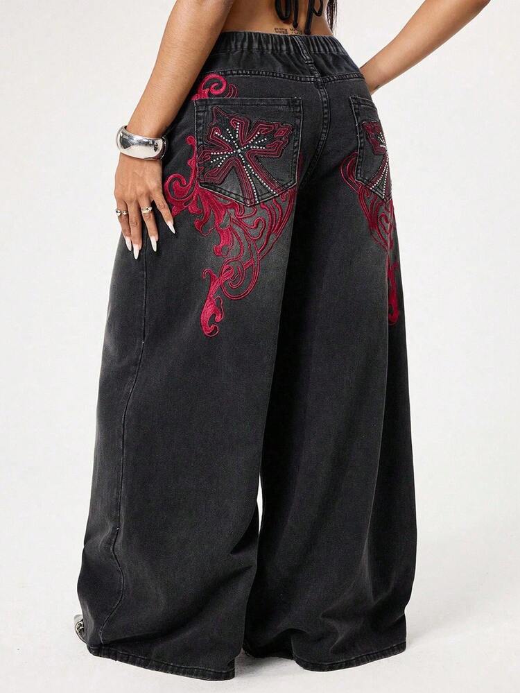 ROMWE Grunge Punk Spring/Summer Punk Distressed Cross & Vine Washed Plus Size Straight Leg Extra Long Plus Size Women Jeans - Black - View 6