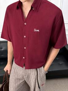 ESTAVOR Men's Simple Casual Red Short Sleeve Shirt - Burgundy - View 3