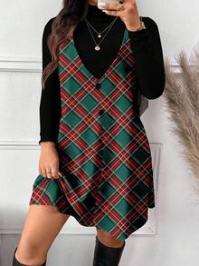 SHEIN Frenchy Plus Size Casual Solid Color Long Sleeve Top & Plaid Sleeveless Dress 2-Piece Set, Autumn/Winter Checkered Dress Women Clothes Plaid Dress Women - Multicolor - View 3