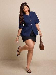 Elaquor 大码女式短袖单排扣休闲宽松牛仔衬衫 - 深色水洗藍 - 查看 6